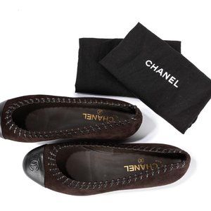 Chanel Suede Leather Dark Brown Captoe Ballerina Flats (FIRM)
